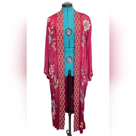 NWT JOHNNY WAS Messine Long Kimono Coat Embroidered Floral Pomegranate - Picture 2 of 15